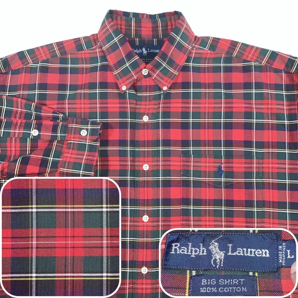 Polo Ralph Lauren Mens Large Plaid Long Sleeve Button Down THE BIG SHIRT Tartan